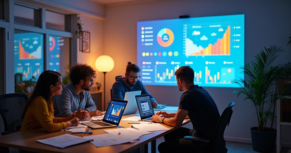 Equipe analisando estratégias de marketing digital 