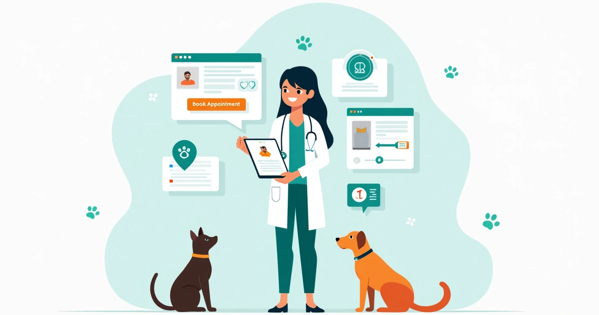Veterinária interagindo online com tutores e pets em ambiente digital colorido 