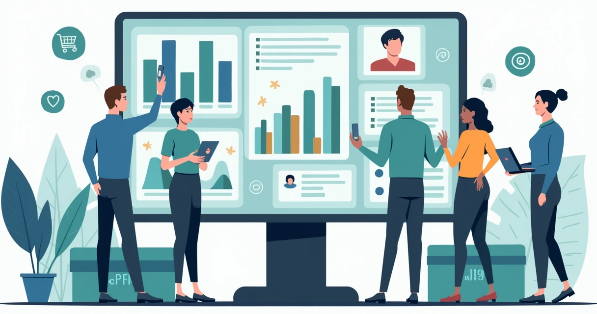 Equipe analisando dados de vendas em uma tela grande 