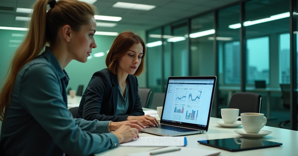 Marketing e vendas integrados em reunião olhando dados no notebook