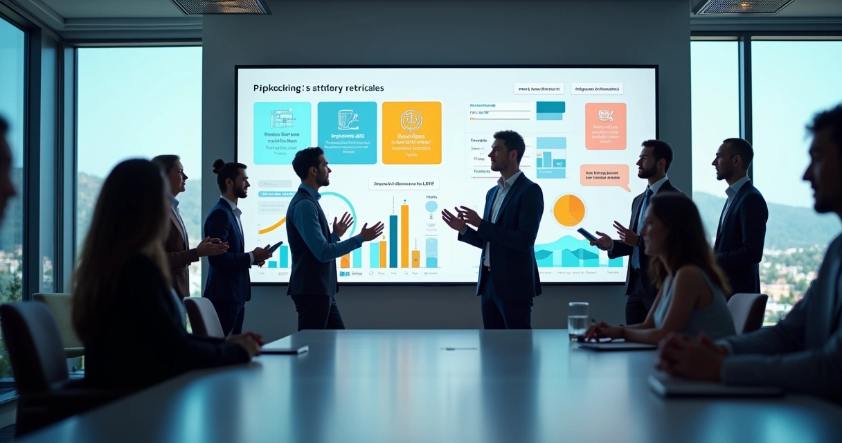 Reunião de equipes de marketing e vendas em frente a um telão com gráficos de feedback do cliente 