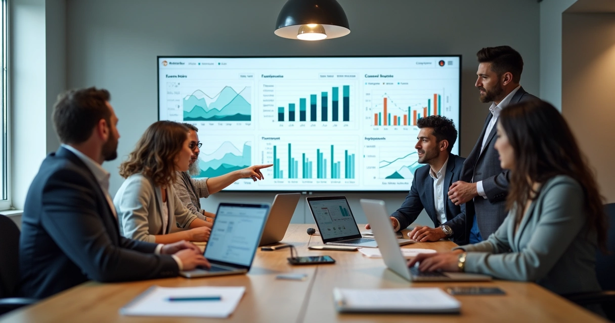 Equipe de marketing analisando dashboard de ecommerce com métricas de clientes em uma tela grande 