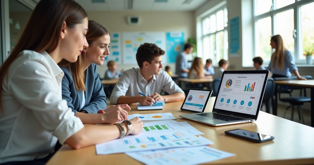 Equipe escolar analisa estratégias de marketing educacional em sala moderna com alunos ao fundo 