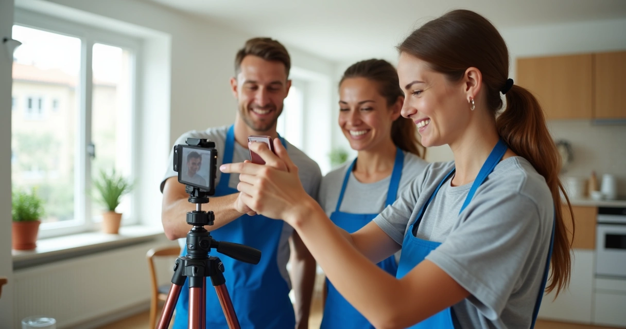 Equipe de limpeza produzindo conteúdo em rede social 