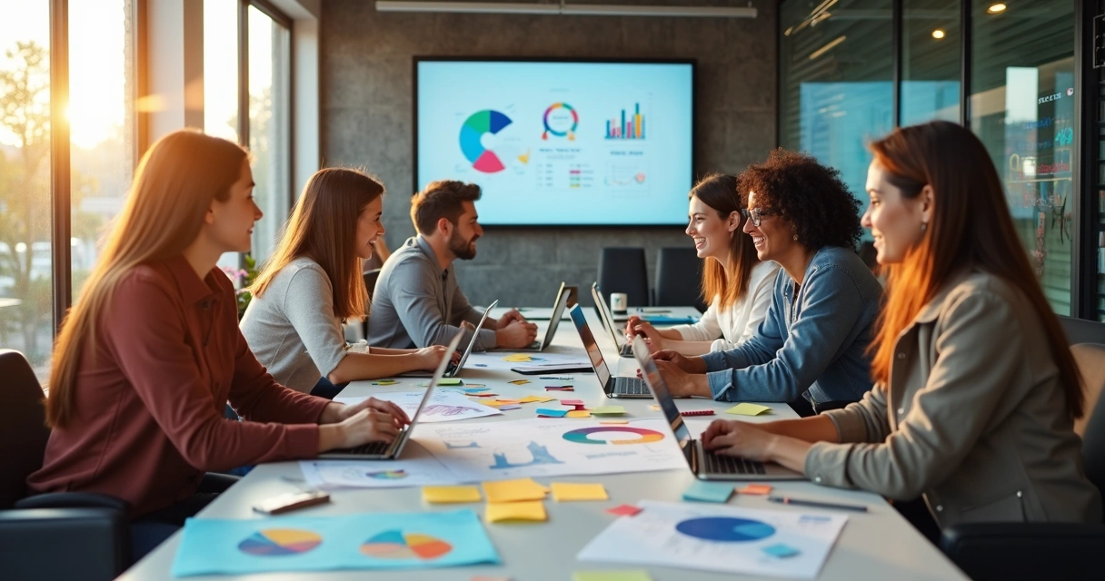 Equipe de marketing trabalhando em escritório com gráficos e computadores 