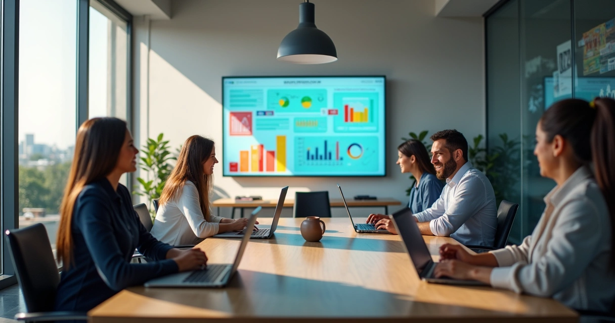 Equipe de marketing trabalhando em Sobral, com gráficos e computadores na mesa 