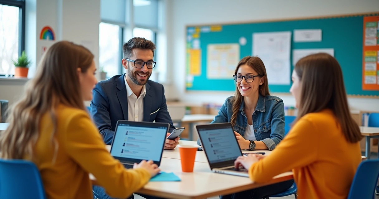 Equipe de escola criando conteúdo para redes sociais 