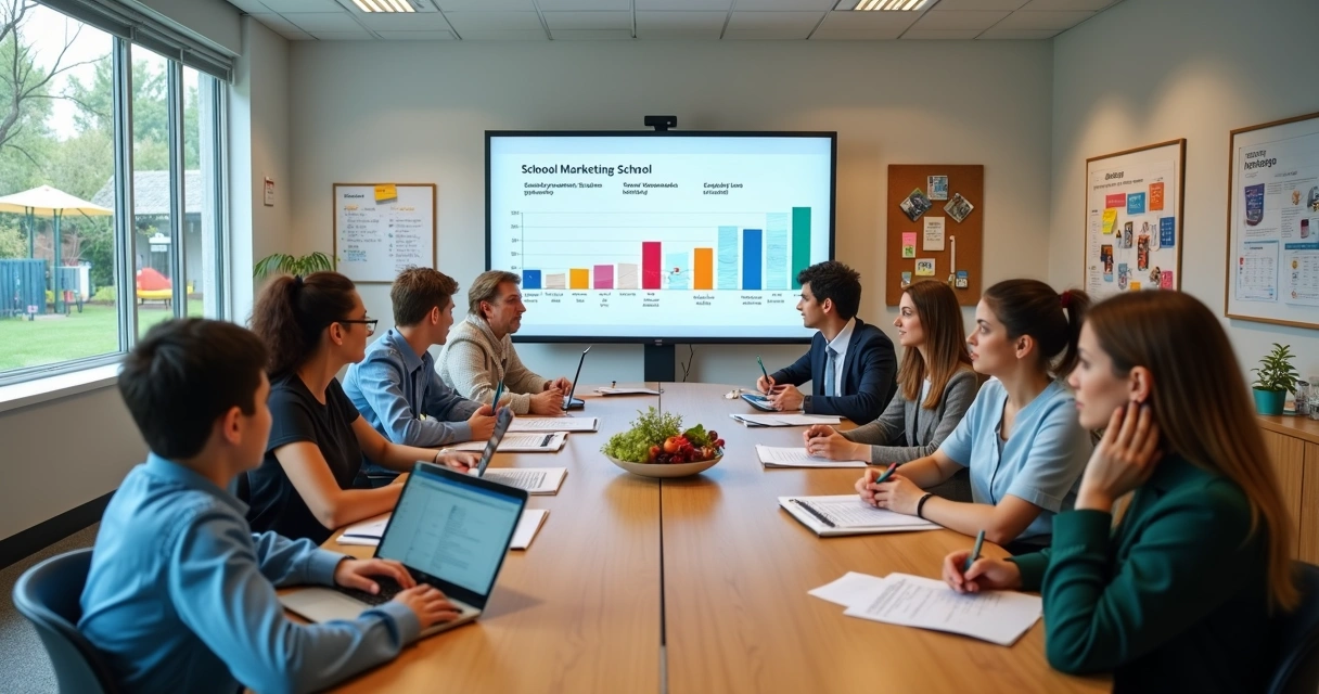 Equipe escolar em reunião estratégica com pais em sala moderna 