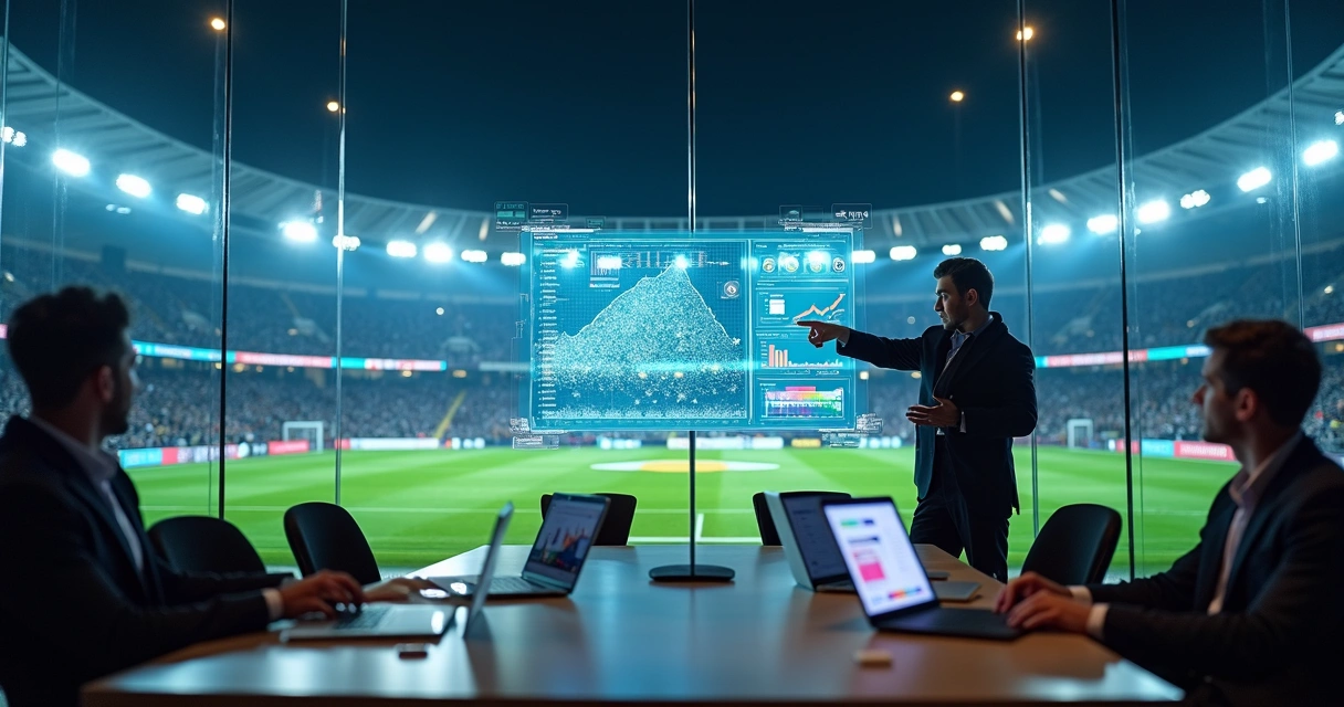 Profissional de marketing analisa gráficos frente a estádio de futebol iluminado 