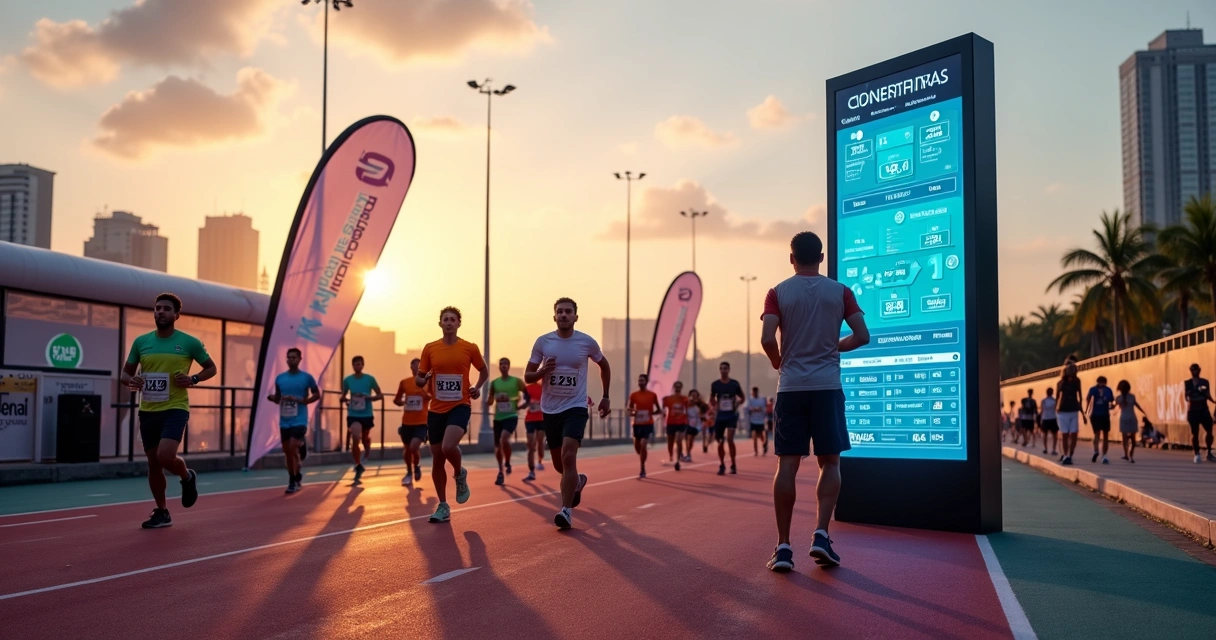 Organizador de corrida observando painel digital com dados enquanto atletas correm em pista urbana 