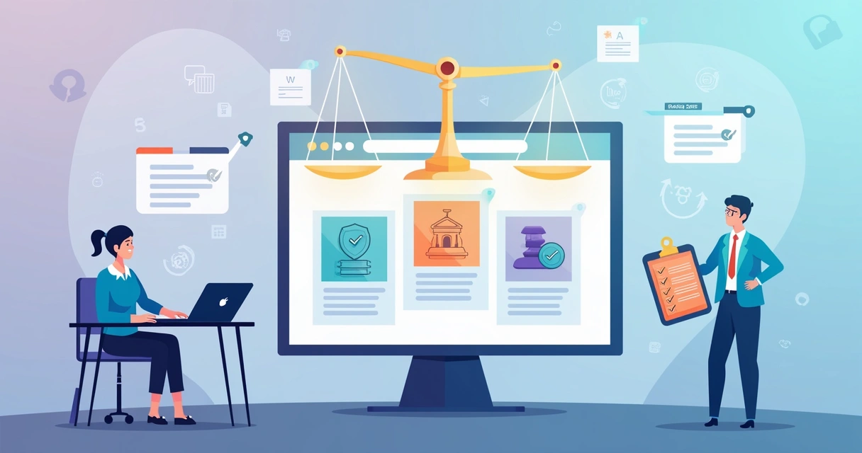 Ilustração de marketing digital ético com janela de landing page e símbolos legais 