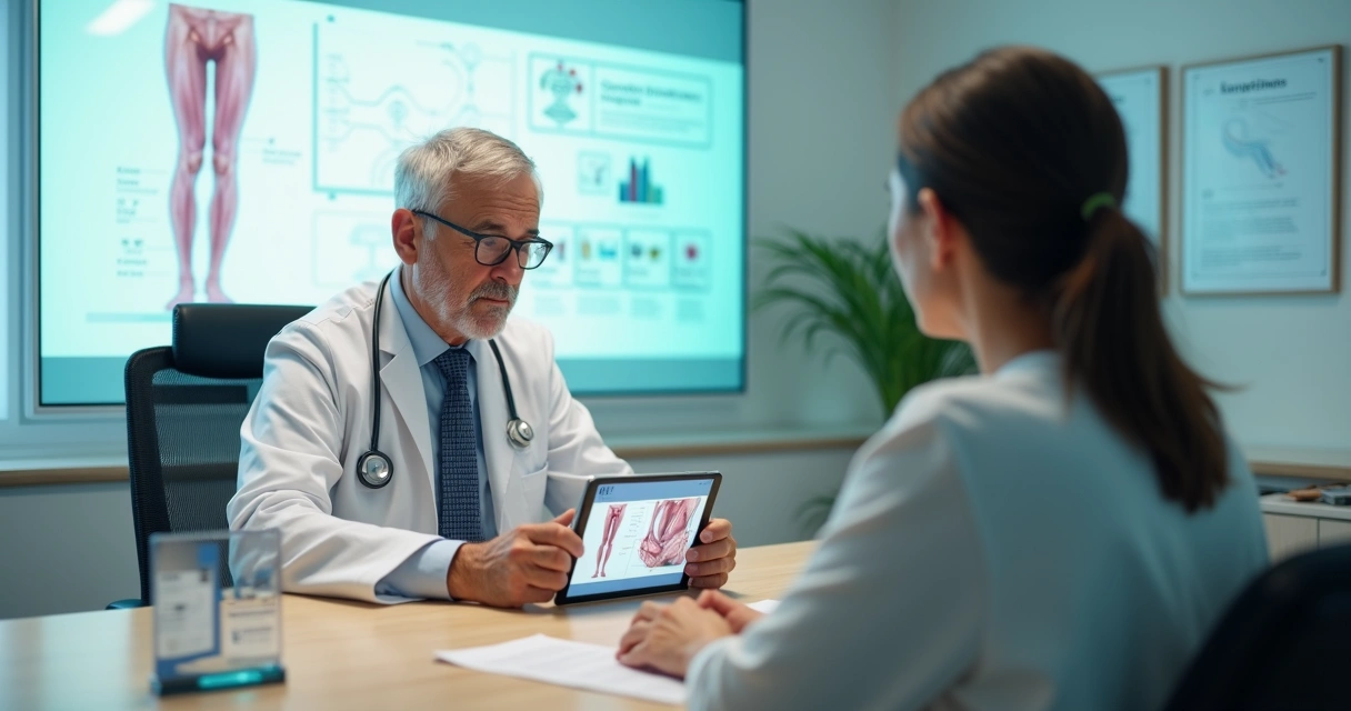 Cirurgião vascular mostrando ilustração de perna com varizes em tablet para paciente em consultório moderno 