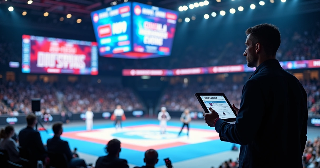 Organizador usa tablet para comandar telão com campanha digital de evento esportivo 