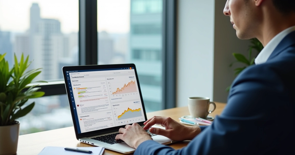 Marketing executive uses AI platform report on laptop