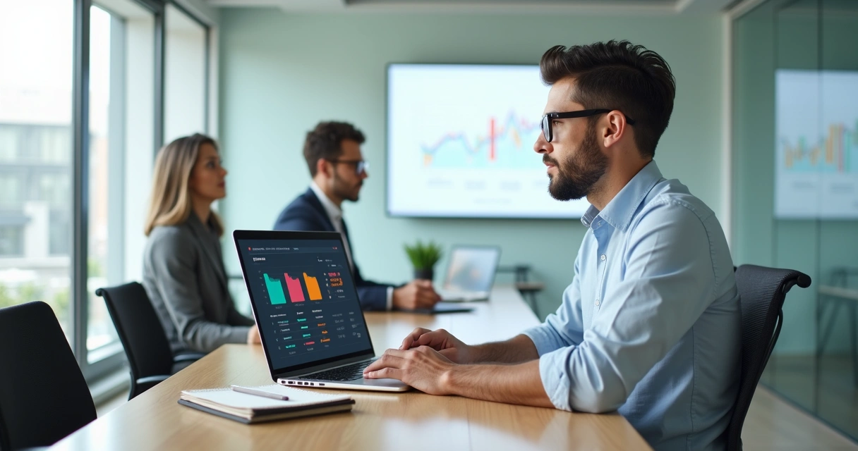 Marketing executive reviewing an AI reputation monitoring dashboard on a laptop 