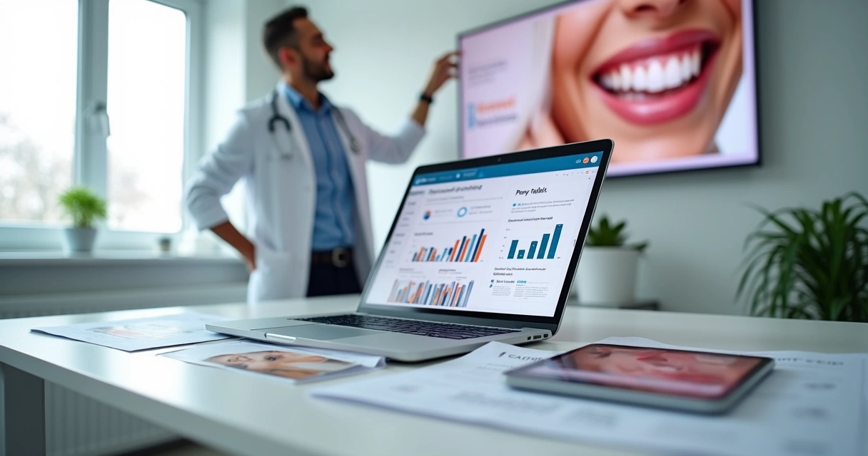 Dentista planejando marketing de facetas em clínica moderna com sorriso em destaque na tela 