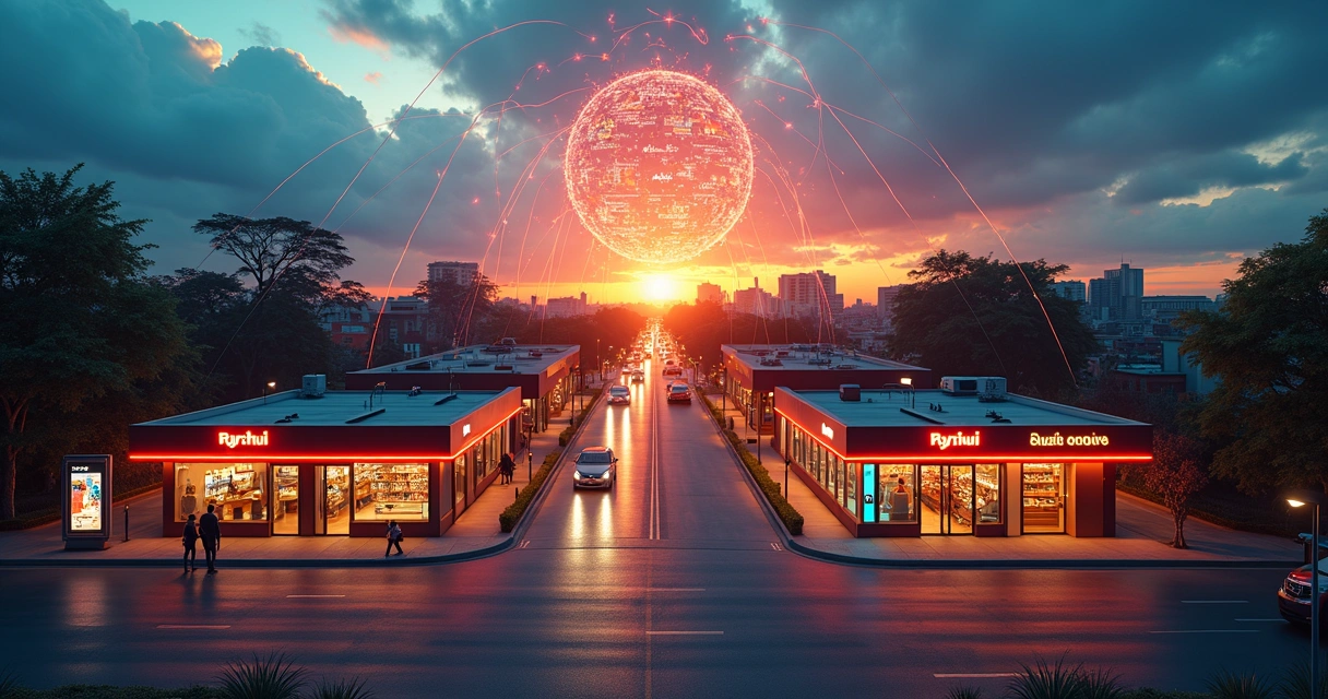 Rede de franquias conectadas por linhas luminosas em uma cidade vista de cima 