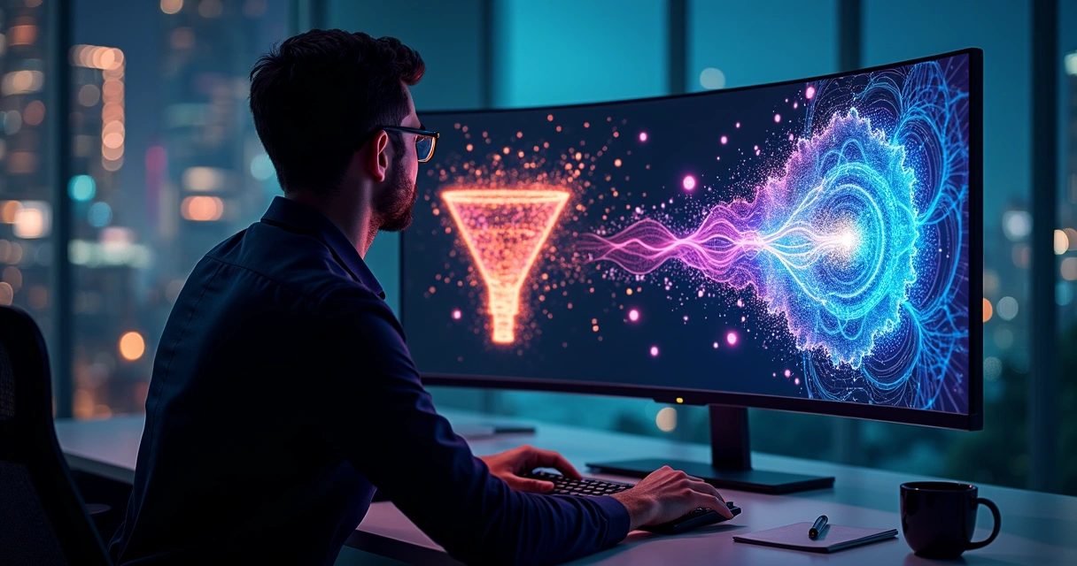 Executivo de marketing analisando tela com padrão fractal caótico e funil de vendas rachado 