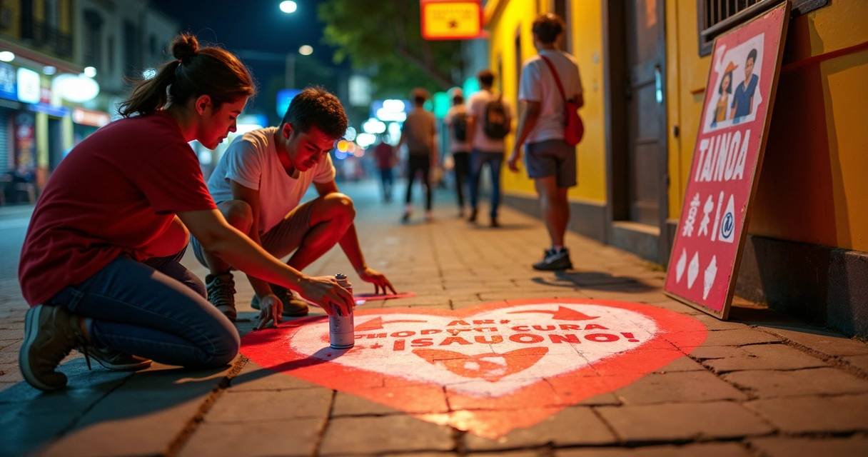 Equipe de campanha pinta stencil de coração em calçada movimentada à noite 