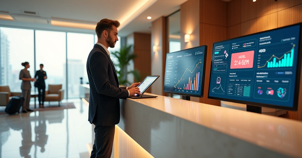 Recepcionista de hotel analisando painel digital de marketing com hóspedes ao fundo 