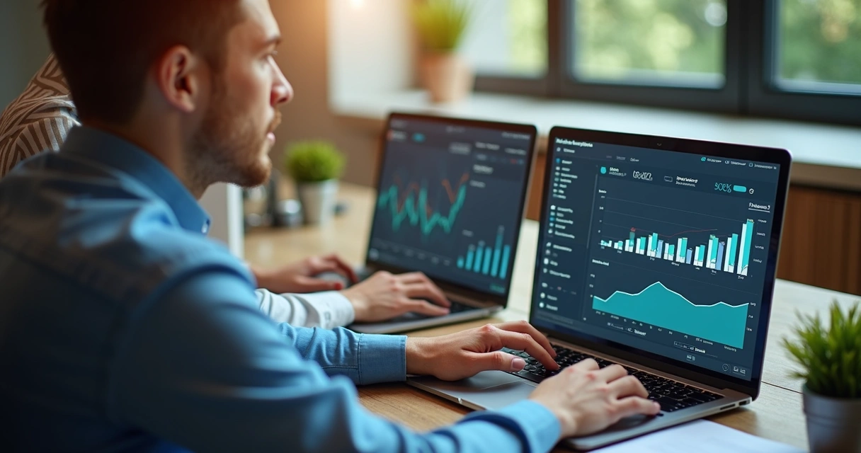 Equipe de marketing analisando dados de reservas em laptops modernos 