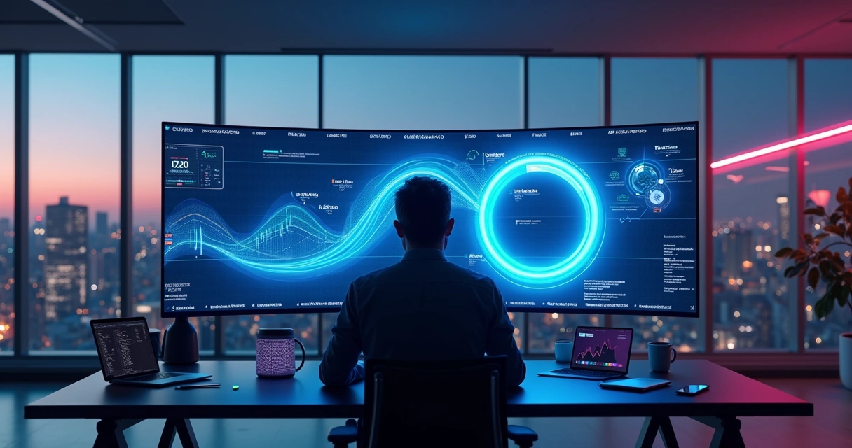 Profissional de marketing analisando painel digital com loop de jornada do cliente e ícones de IA 
