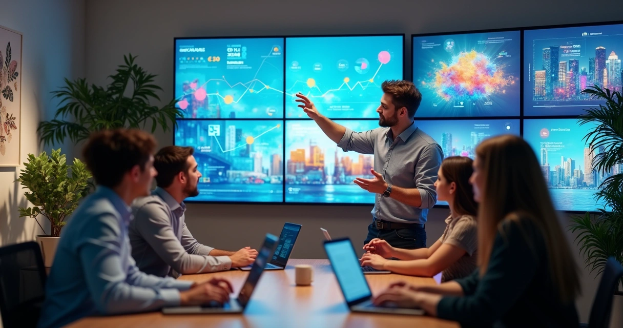 Equipe de marketing utilizando IA para criar campanhas e conteúdos digitais 