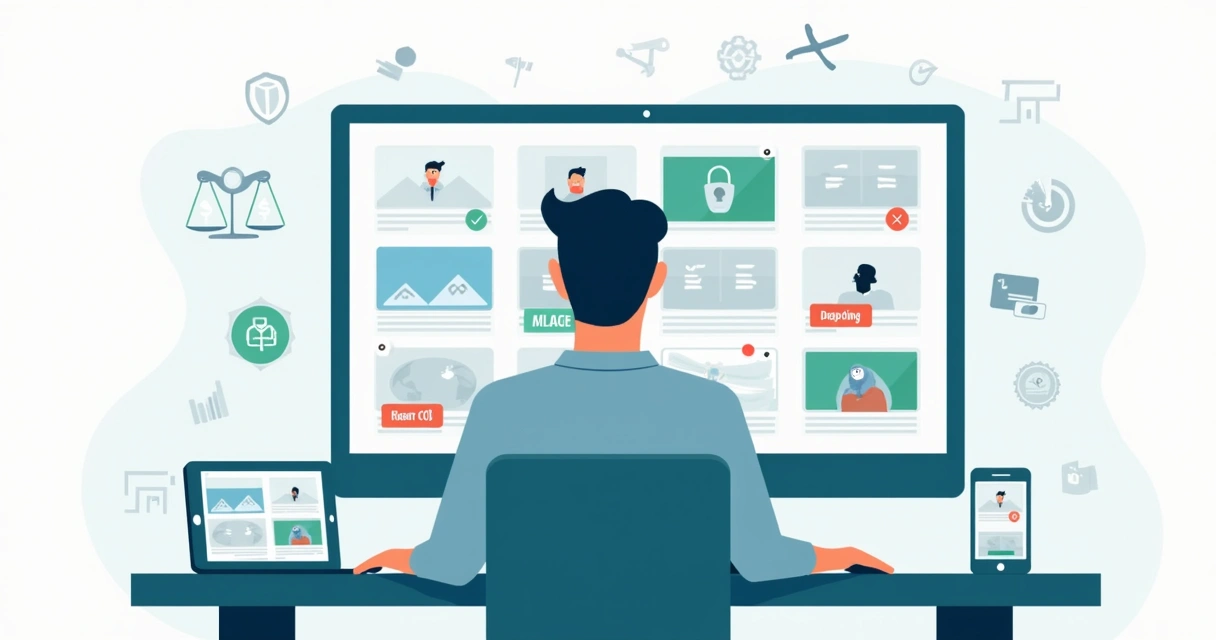 Profissional analisando licenças de imagens para marketing digital em um computador 