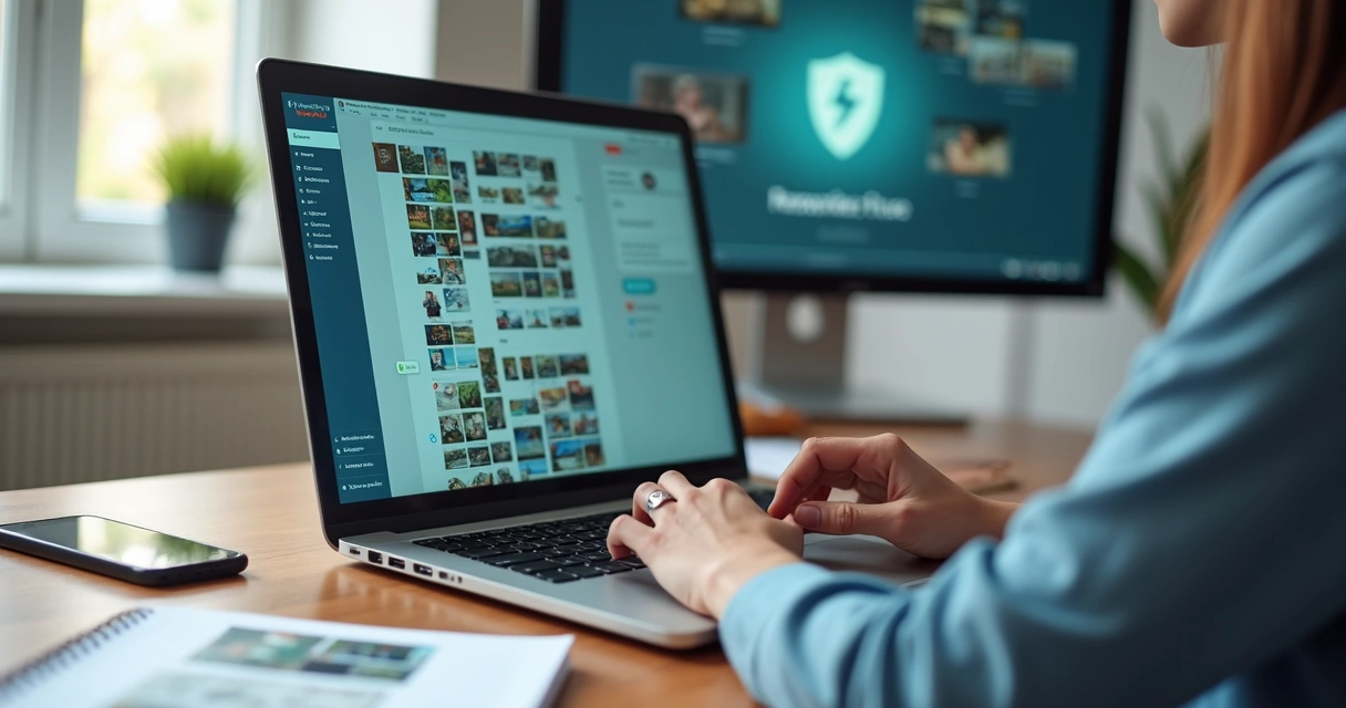 Profissional de marketing escolhendo imagens em um notebook com ícones de direitos autorais em destaque 