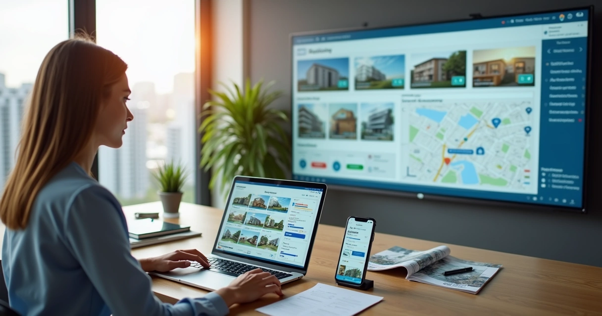 Corretor analisando painel de marketing imobiliário digital no notebook e celular 