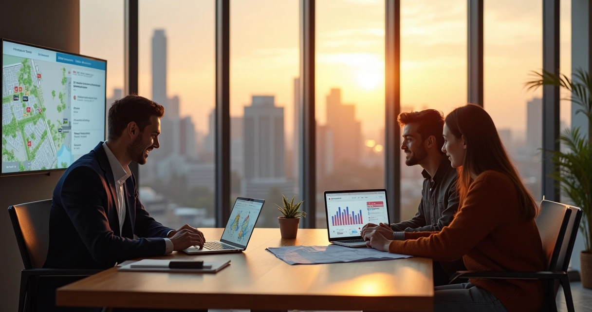 Corretora de imóveis usando notebook com gráficos enquanto conversa com casal em sala moderna 