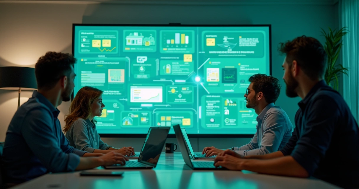 Equipe ao redor de uma mesa com computadores e diagramas de automação digital 