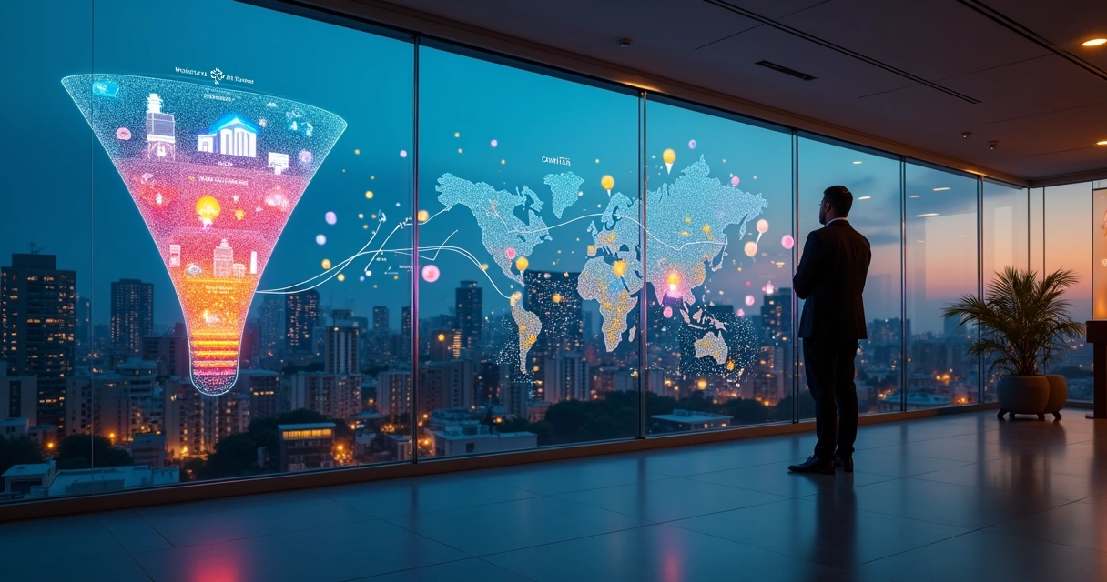 Painel digital exibindo funil de leads de imóveis conectado a mapa da cidade 