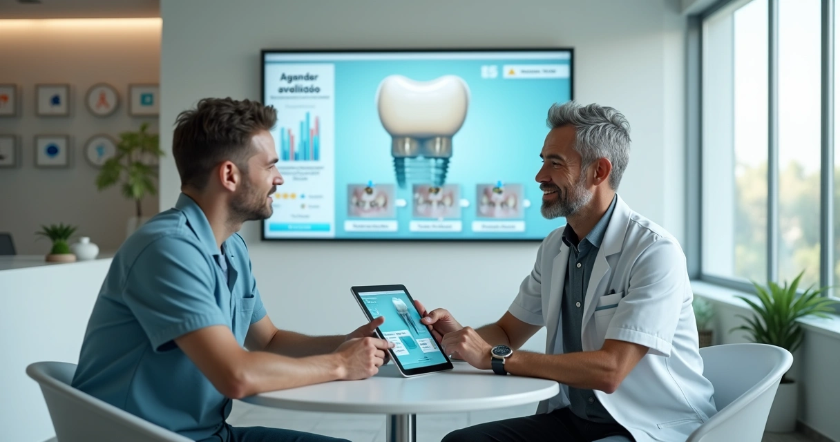 Dentista mostra planeamento de implantes em tablet para paciente em conversa sobre tratamento 
