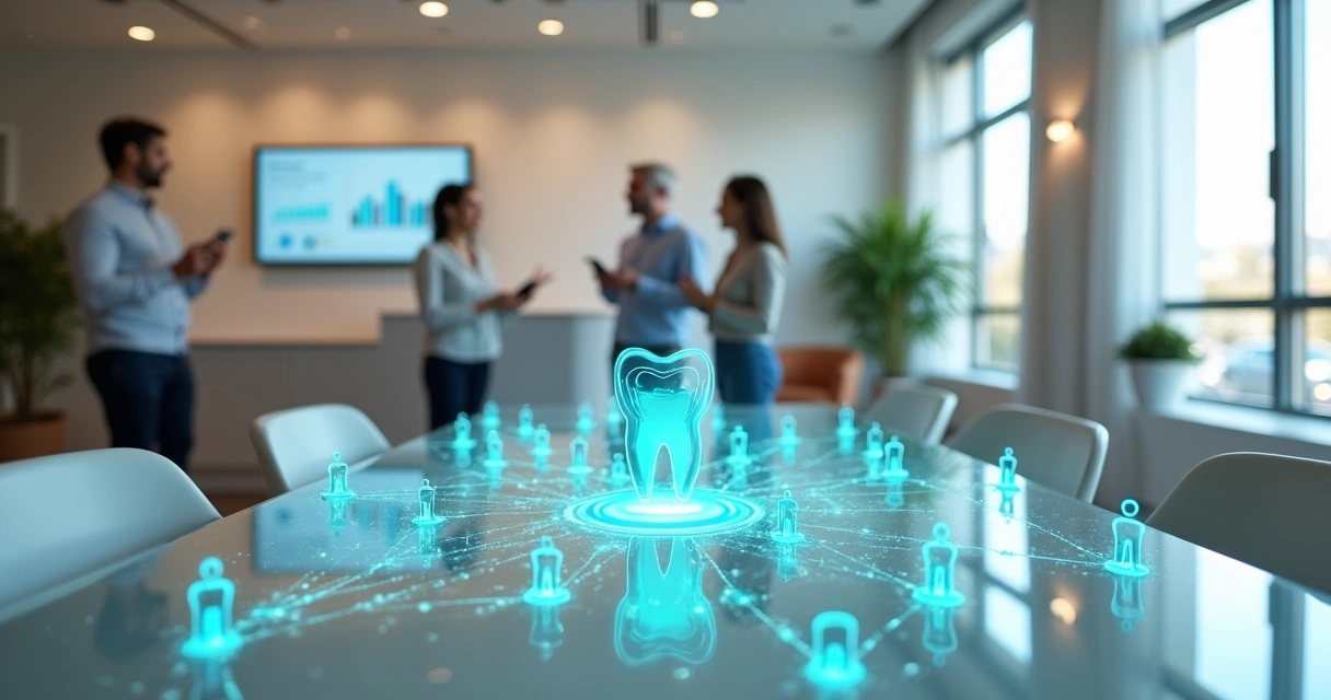 Rede de indicações digitais ligando pacientes a uma clínica moderna 