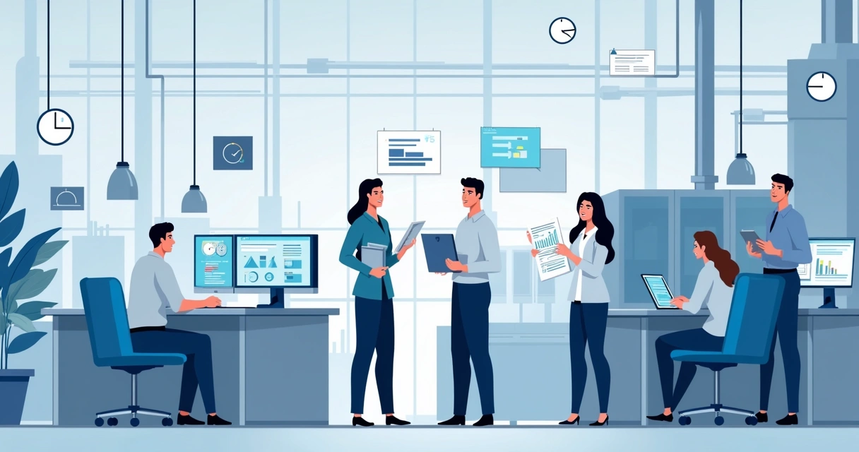 Funcionários de indústria analisando equipamentos junto a computadores em ambiente B2B 