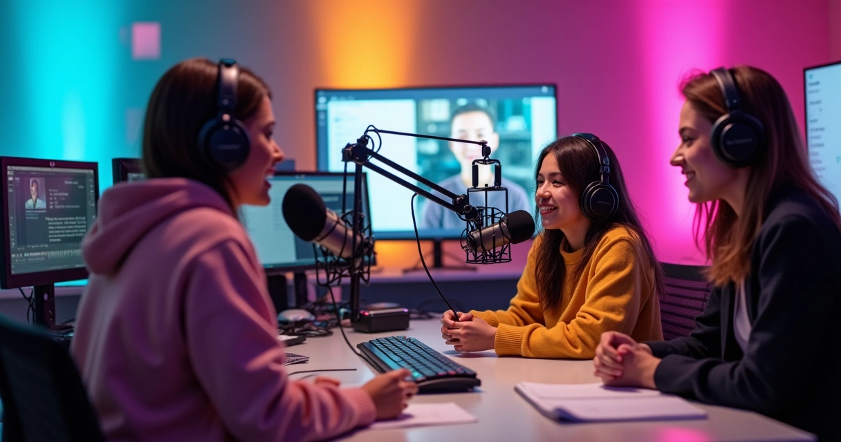 Jovens influenciadores gravando podcast com equipe de assessoria