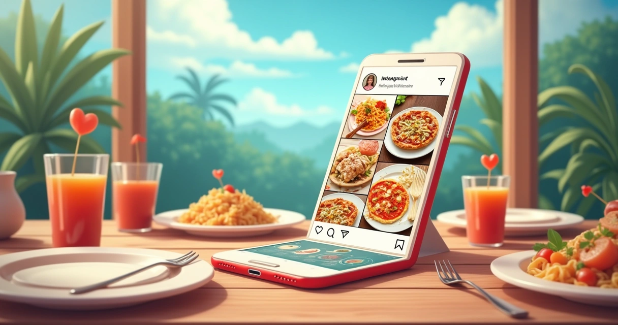 Ilustração de smartphone exibindo feed do Instagram com pratos de restaurante e interações animadas.