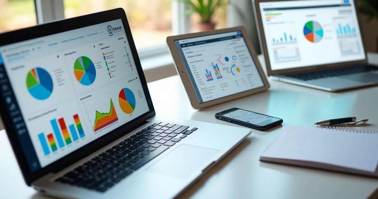 Dispositivos conectados com gráficos e painéis de automação de marketing 