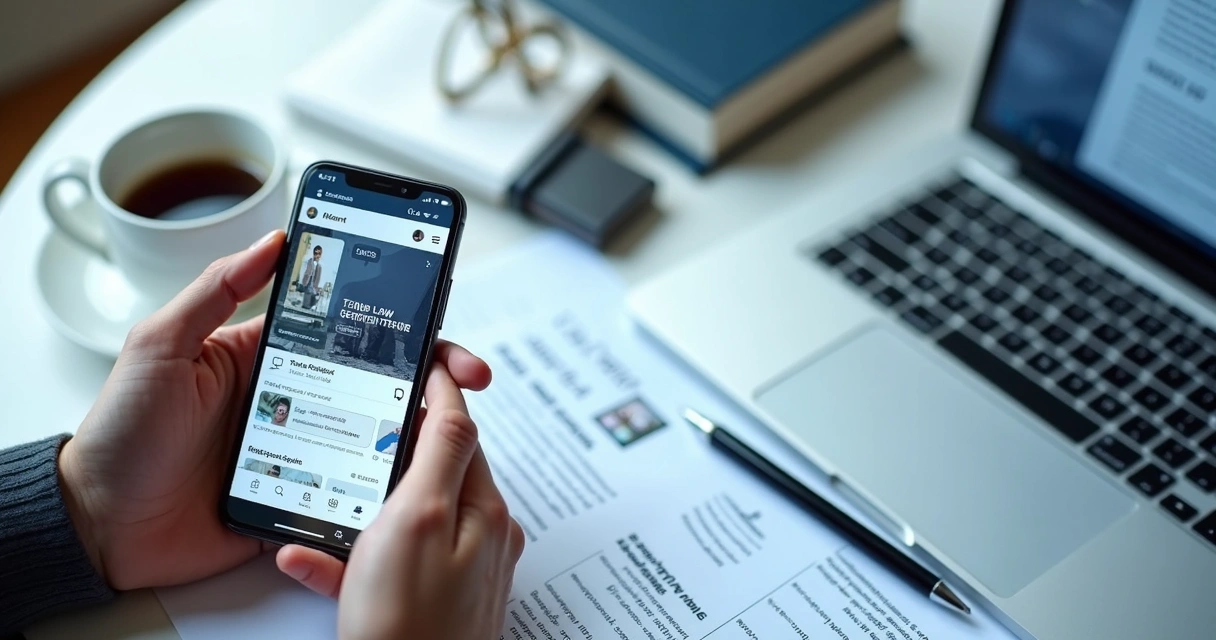 Mesa com celular, notebook e identidade visual de escritório de advocacia