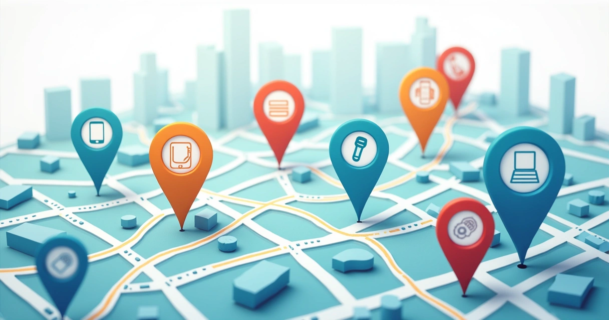 Ilustração de mapa com marcadores de assistência técnica em bairros.