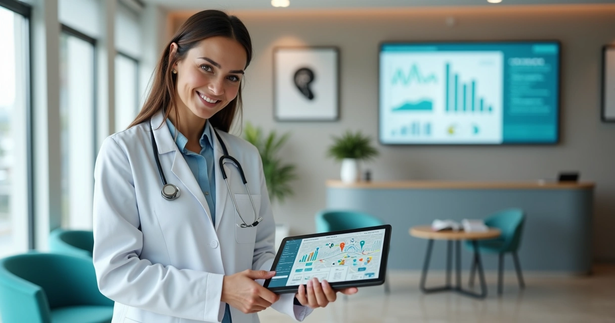 Profissional de saúde em clínica auditiva usando tablet com mapa e gráficos de marketing local 