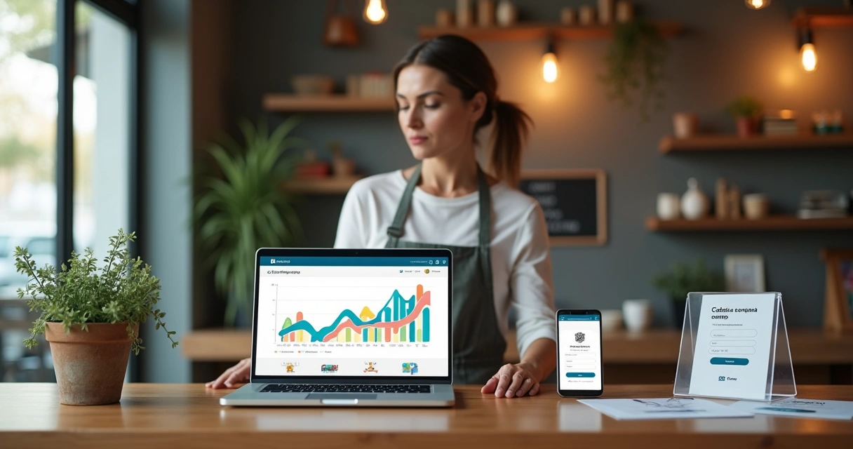 Dona de pequeno negócio analisando captação de leads em laptop em balcão de loja 