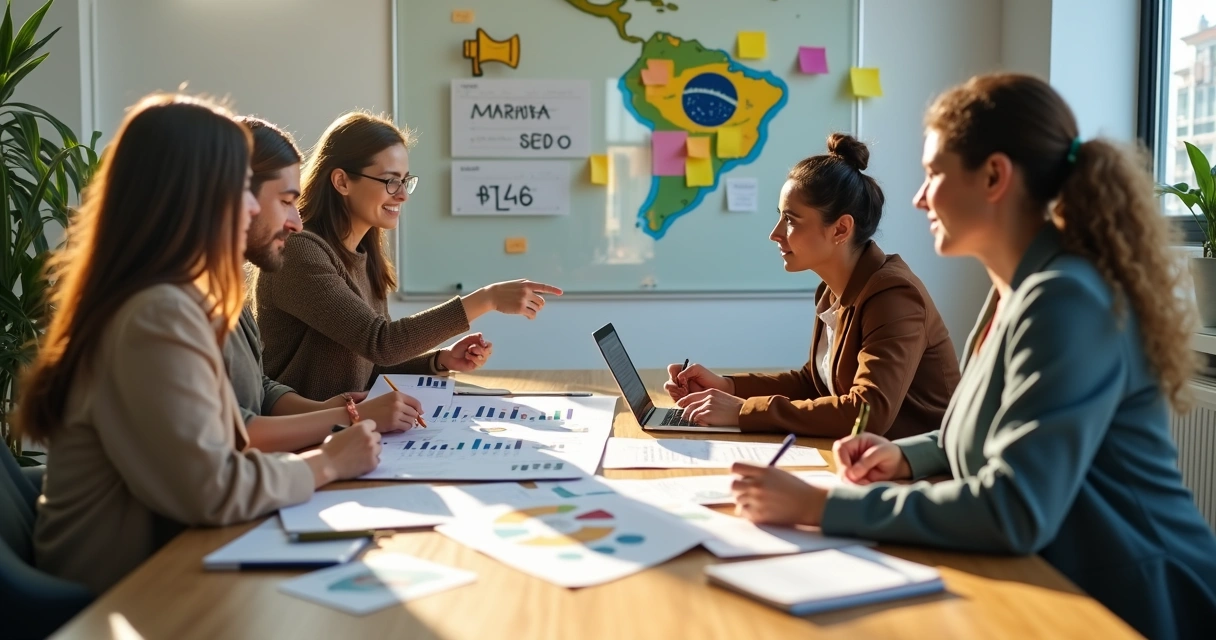 Equipe de marketing reunida em sala moderna com mapa do Pará ao fundo 