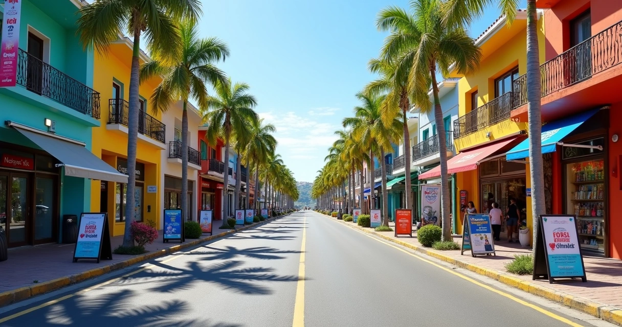 Lojas e agências em rua central de Maricá com banners coloridos de marketing 
