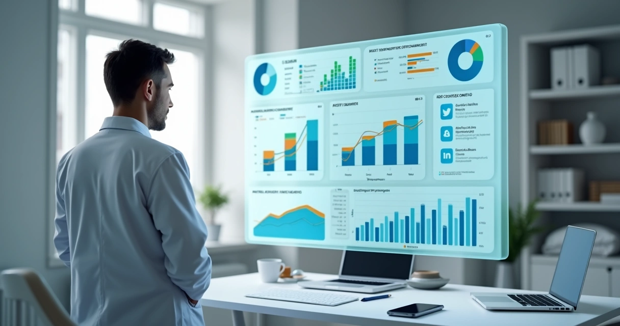 Médico olhando painel digital com gráficos de captação de pacientes 