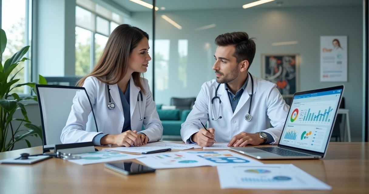 Médico e equipe analisando gráficos de marketing em clínica moderna 
