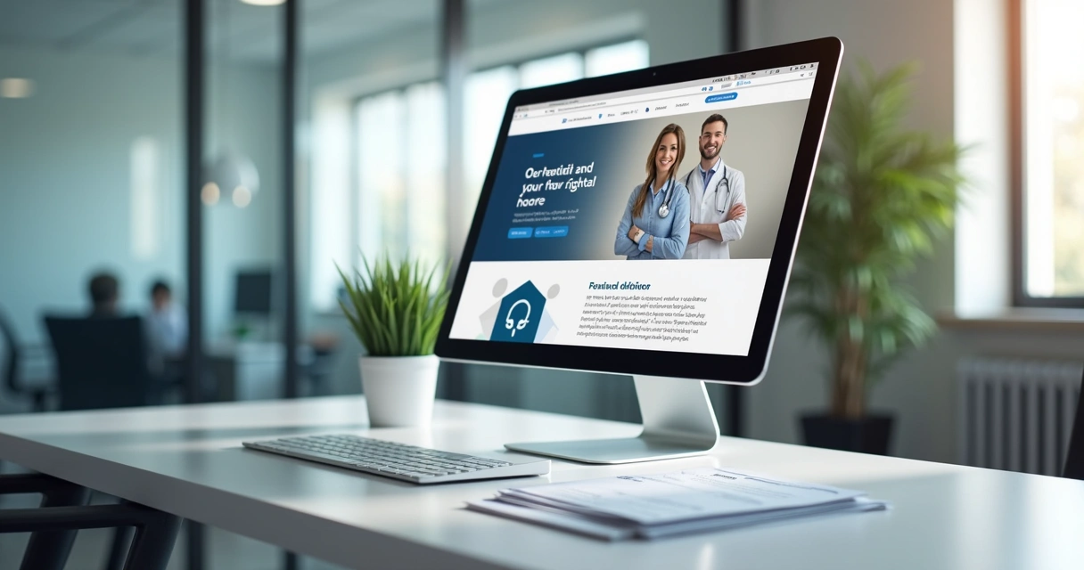 Exemplo ético de marketing médico em consultório com cartaz e computador