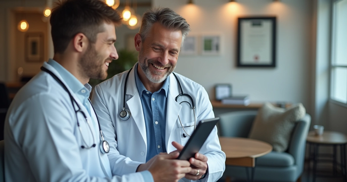 Médico atendendo paciente com tablet em consultório moderno, mostrando confiança e atenção 