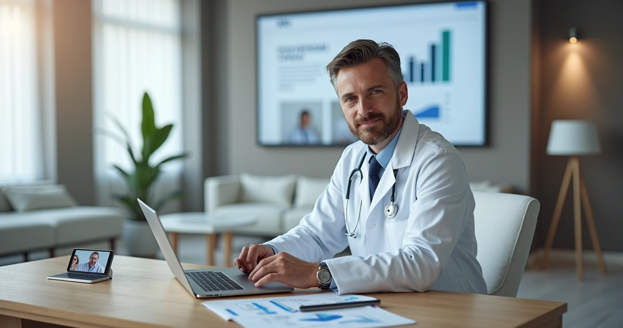 Médico em consultório moderno analisando gráficos de marketing digital no notebook 